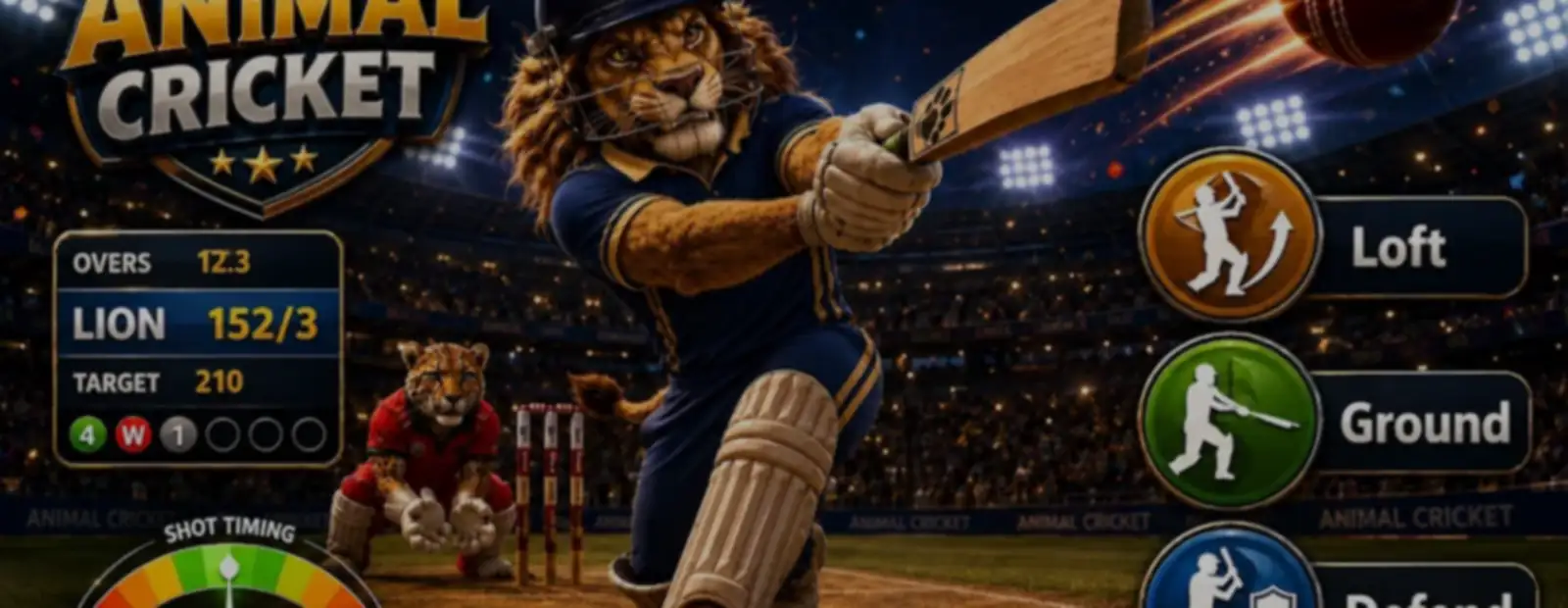 Estádio de críquete iluminado do jogo Animal Cricket, com escurecimento aplicado