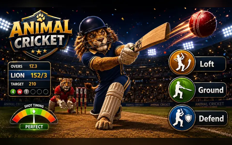 Ecrã de Animal Cricket com um batedor ilustrado e o indicador de tempo da tacada