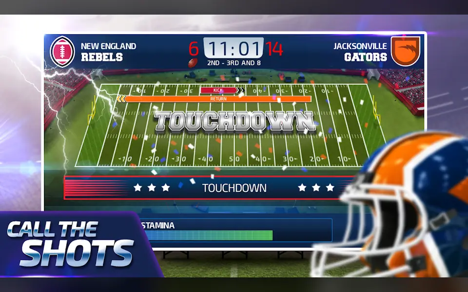Ecrã de jogo de All Star Quarterback 25 com um lançamento a terminar em touchdown
