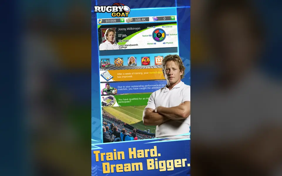 Ecrã de carreira de Rugby GOAT com o painel de treino de um jogador